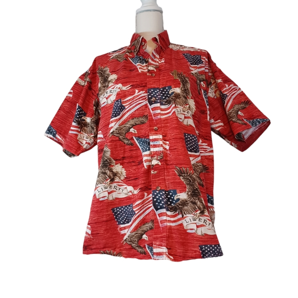 North River Men's Short Sleeve Button Up Shirt Size Large Red White & Blue Eagle